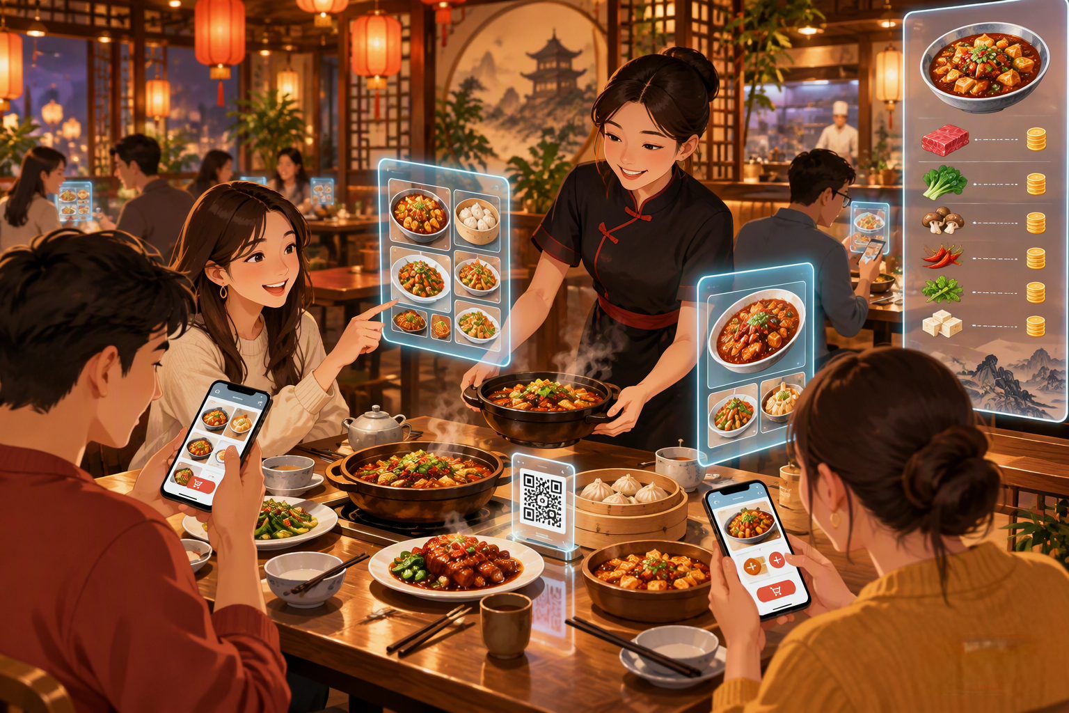 顾客在餐厅扫码点餐