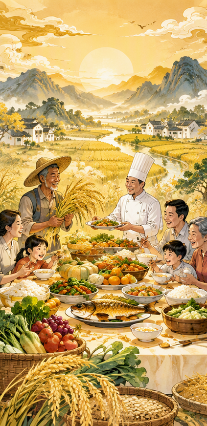金秋丰收阖家宴，寓意民食为天