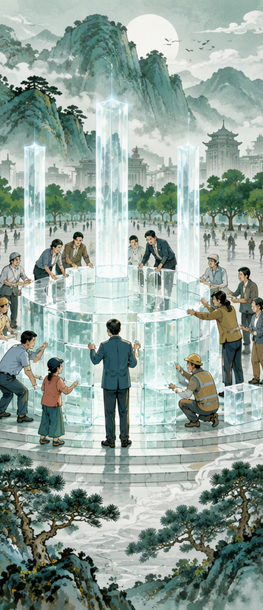 众人合力共建透明平台，寓意立平台为公